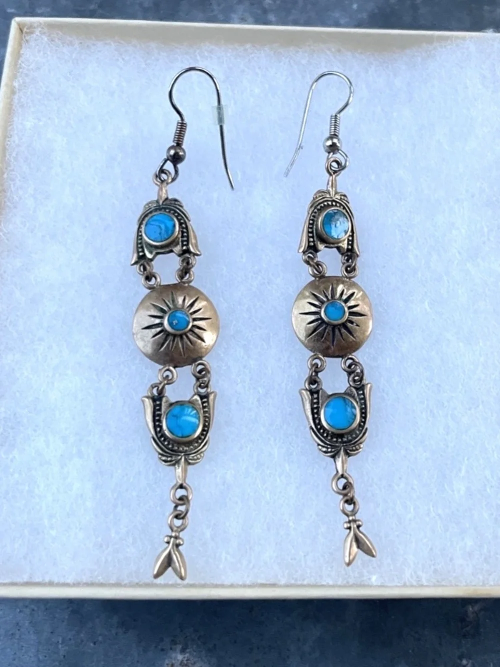 Brass Southwestern Style Dangle Earrings with faux-turquoise
